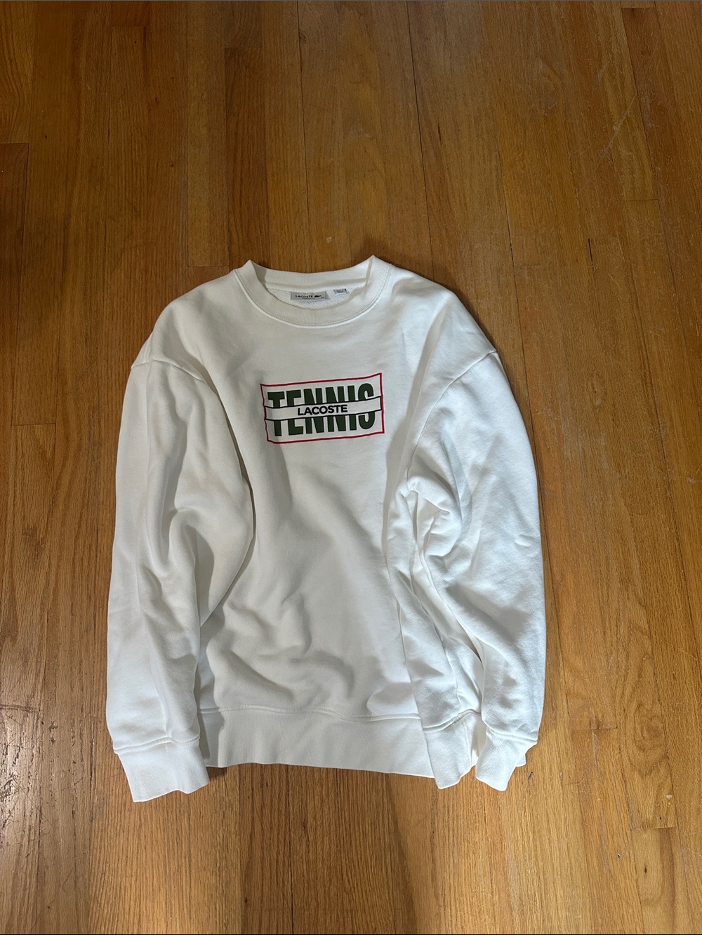 Women’s Lacoste White Crewneck Sweatshirt with Green & Red Tennis Logo Size 44